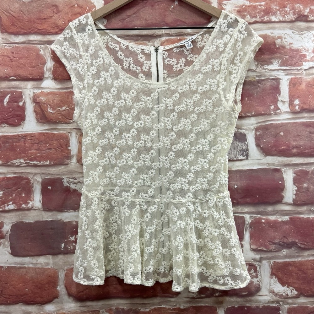 American Eagle Top Women's Medium Cream Chic Floral Embroidered Sheer Mesh Shirt